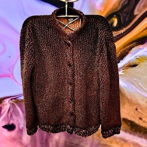 {Silkland} VTG Chocolate Brown Crinkle Knit Cardigan Jacket, Velvet Floral Trim
